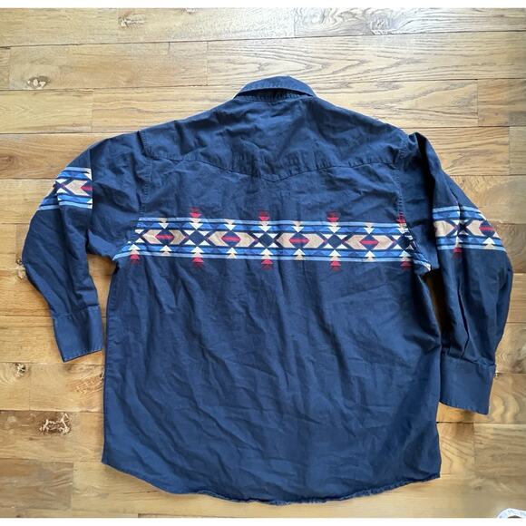 VTG Wrangler Western Shirt Men 2XL Blue Aztec Pearl Snap Rodeo Cowboy Southwest - Picture 2 of 10